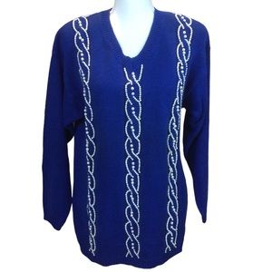 VTG Lucia Beaded Royal Blue Long Sleeved V-Neck Sweater Size Small